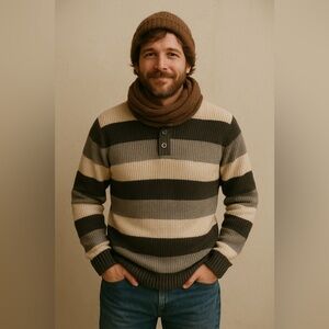 Vintage Britches Striped Cotton Sweater — Black, Grey & Cream — Size L